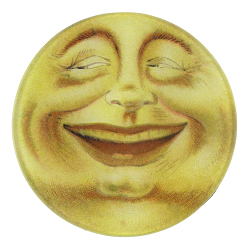 A five inch round glass plate depicting a smiling, face-like moon.