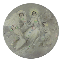 A five inch round glass plate featuring a design with celestial motifs and figures.