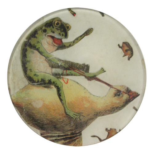 A five inch round glass plate featuring a frog riding a duck with smaller frogs around.