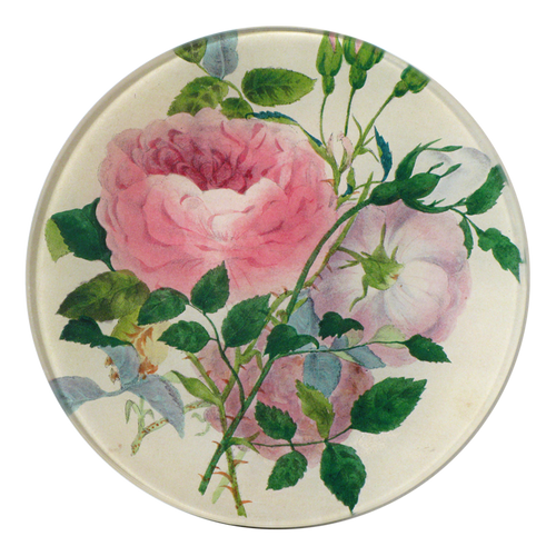A five inch round glass plate featuring a pink rose and green foliage.