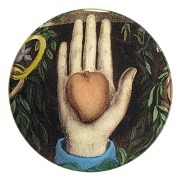 A five inch round glass plate featuring an illustration of a hand holding a heart.