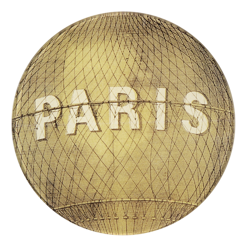 A five inch round glass plate item with 'PARIS' written on a netting and beige background. 