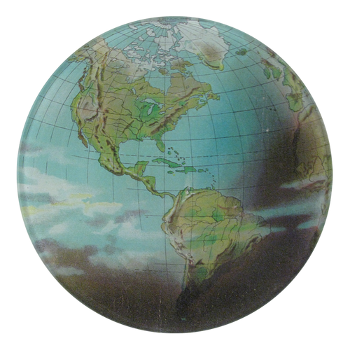 A five inch round glass plate featuring a globe with a map of the Americas. 