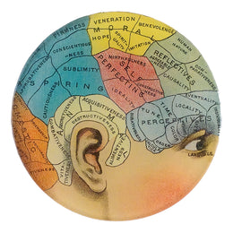 A five inch glass plate featuring a historical and vintage print with an ear and various emotional states, such as joy, anger, and sadness, color-coded and labeled.
