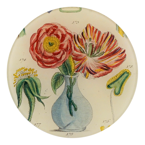 A five inch round glass plate featuring an illustration of two flowers in a vase surrounded by green and yellow foliage.  