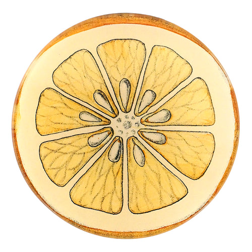 A five inch round glass plate with a collage of an orange slice design in yellow and white hues.