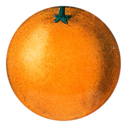 A five inch glass plate of an orange with green stem.