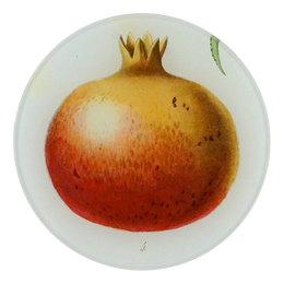 A five inch round glass plate featuring a handblown glass with a collaged paper image of a pomegranate.