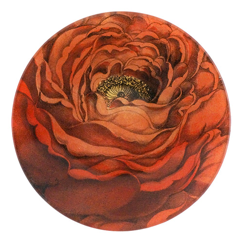 A five inch round glass plate with a detailed close up of a red rose