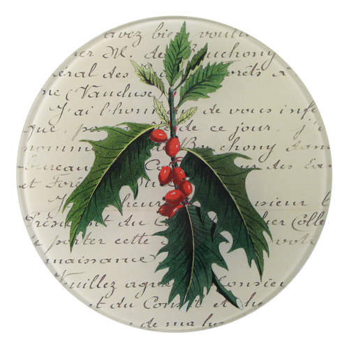 A five inch round glass plate with a collage of holly leaves and berries on a background with text.