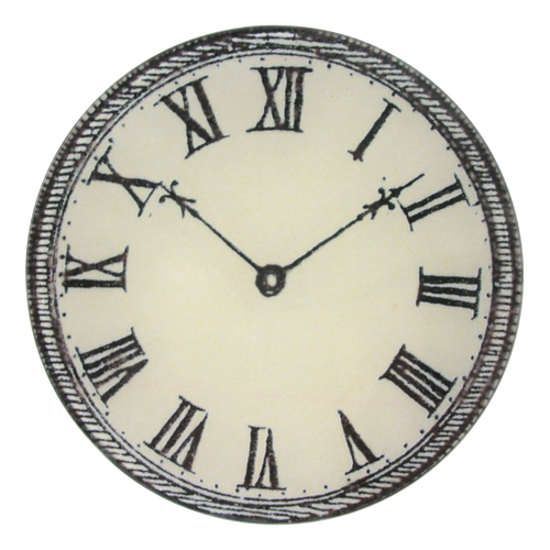 A five inch round glass plate clock with a white face, black hands and black Roman numerals, with a vintage-style design.