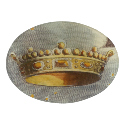 A five inch by seven inch horizontal oval glass plate of a gold crown on a gray background. 