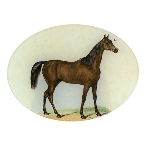 A five inch by seven inch horizontal oval glass plate of a brown horse with a black mane and tail facing right. 