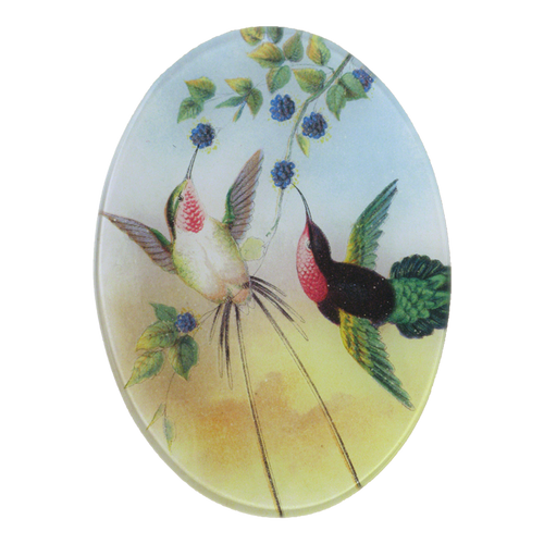 A five inch by seven inch vertical oval glass plate featuring two hummingbirds and floral patterns.