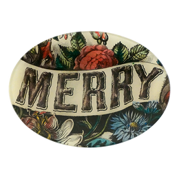 A five inch by seven inch horizontal oval glass plate featuring the word 'MERRY' across the center surrounded by florals. 