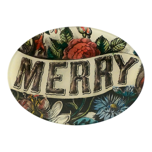 A five inch by seven inch horizontal oval glass plate featuring the word 'MERRY' across the center surrounded by florals. 