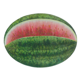 A five inch by seven inch horizontal glass oval plate featuring a close up image of a watermelon. 