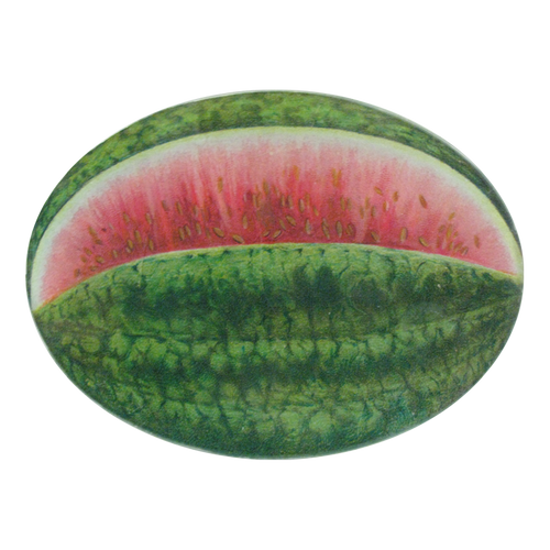 A five inch by seven inch horizontal glass oval plate featuring a close up image of a watermelon. 
