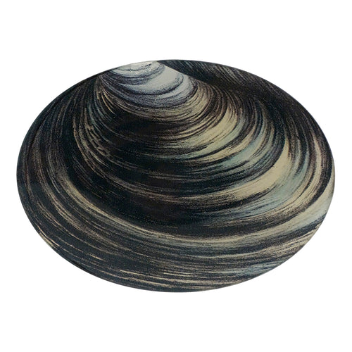 A five inch by seven inch horizontal glass plate with a clam shell design. 