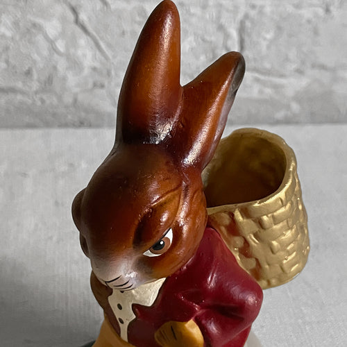 Papier Mâché Walking Bunny with Gold Basket and Red Jacket