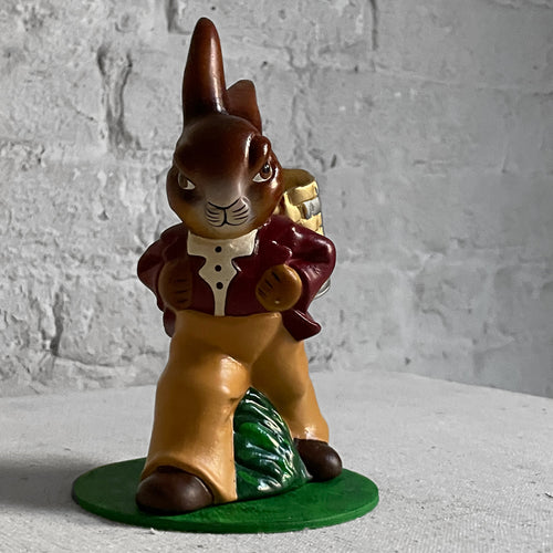 Papier Mâché Walking Bunny with Gold Basket and Red Jacket