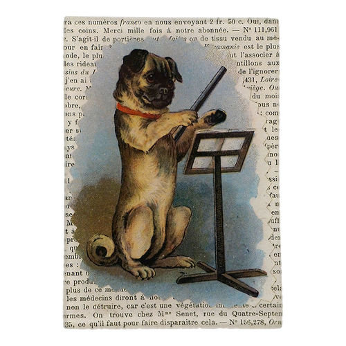 A Pug dog wearing a conductor's baton, collaged on a background with text, resembling an old newspaper print. This is on a three and a half inch by five inch glass tray. 
