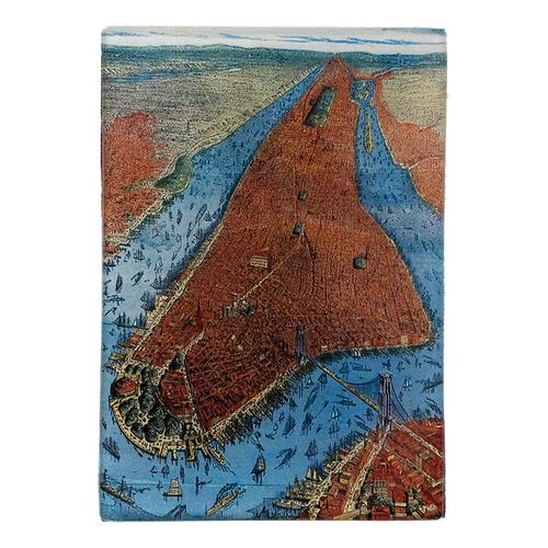An illustration of a vintage style map of Manhattan. This is on a three and a half inch by five inch glass tray. 