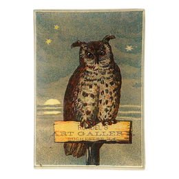 An illustration of an owl sitting on a branch with a moon and stars in the background, holding a sign that reads 'ART GALLERY'. This is on a three and a half inch by five inch glass tray. 
